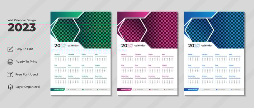 2023 wall calendar design template with green, purple and blue color. Corporate and business planner diary. Week starts on Sunday. Modern wall calendar design for new year 2023. vector
