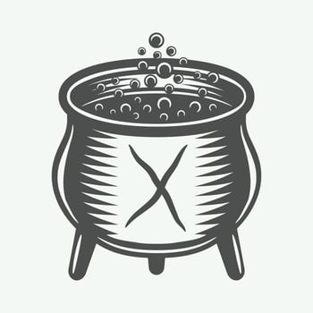 Vintage halloween cauldron in retro style. Monochrome Graphic Art. Vector Illustration.