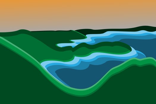 beautiful view of the mountains and sea in the evening with sunset vector