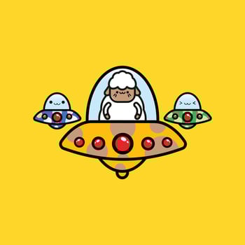 Illustration of cute sheep riding a ufo. Space mascot. Cartoon alien kawai sheep walking perfect for children's picture books vector