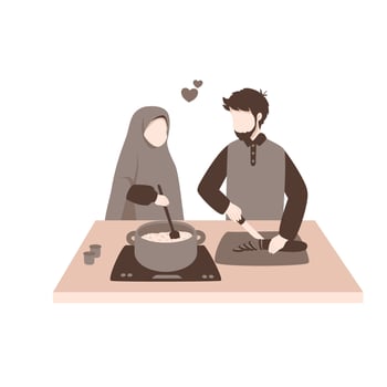 Muslim couple cooking together vector