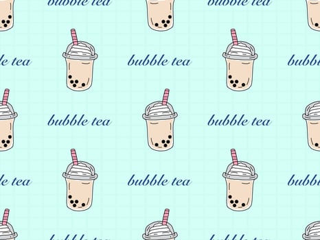 Bubble tea cartoon character seamless pattern on green background vector