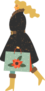 A woman in warm winter clothes with a gift goes to visit. png