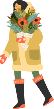 A woman in warm winter clothes with christmas bouquet goes to visit. png