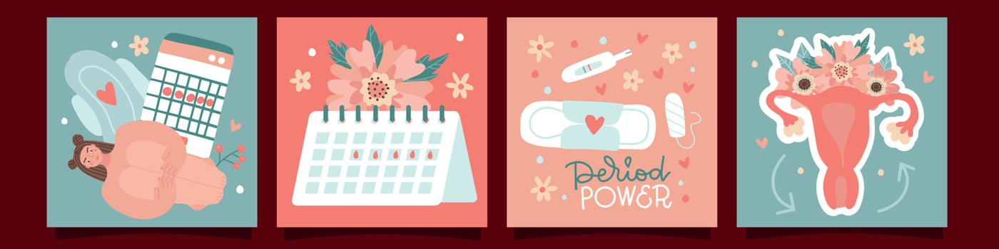 Set of cards for femete periods concept. Women struggle from strong abdominal pain during periods, heavy periods. Menstrual period, menstruation, PMS, ovaries, reproductive system. Hand drawn vector. vector