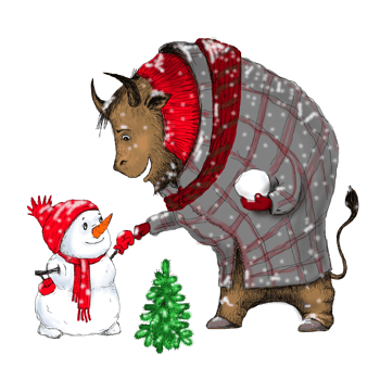 Cartoon humanized big bull in a coat plays snowballs with a small snowman. png