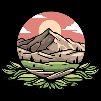 Modern icon in flat design conceptual natural landscape illustration. Environmentally friendly natural landscape Illustration of mountain, outdoor adventure. Vector graphics for t shirts and other