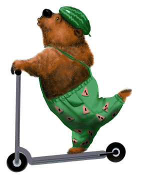 Cartoon bear in a watermelon helmet rolling on a scooter, stretching his lips as if whistling. png