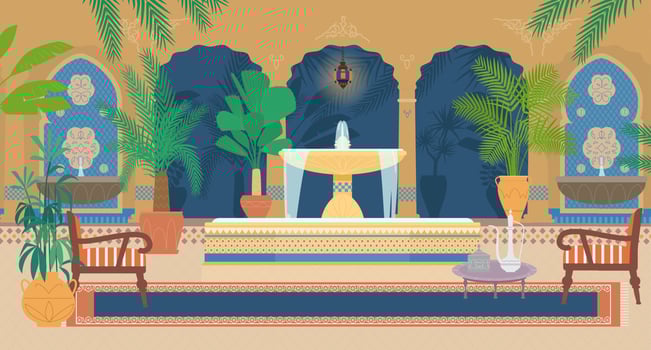 Flat Vector Illustration Of Arabian Palace Garden With Fountains, Tropical Plants, Archs, Lanterns, Armchairs, Table With Silver Tea Pot, Carpet.