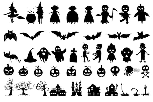 Halloween celebration with silhouettes of zombies, vampires, bats, graves, dry trees, pumpkins, cats, castles and witches vector