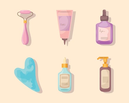 six korean beauty product icons vector