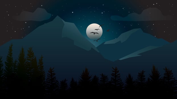 Mountains landscape with silhouettes of trees and birds at night. vector