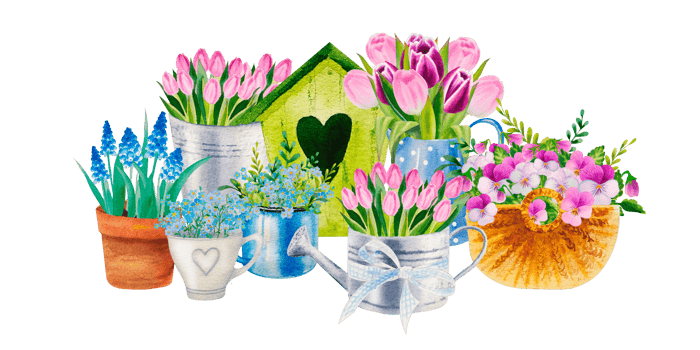 watercolor set of spring flower bouqets in cup, jug and wooden box, birdhouse png