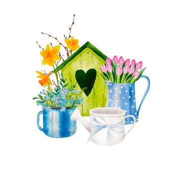 watercolor set of spring flower bouqets in cup, jug and wooden box, birdhouse png