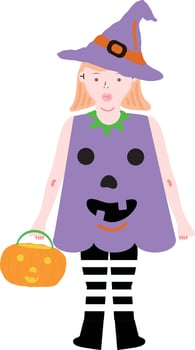 Halloween holiday cartoon character. Cute kids in costumes of witch, mummy, pirate, skeleton and black cat. Ghosts and ghost pumpkins. Vector hand drawing