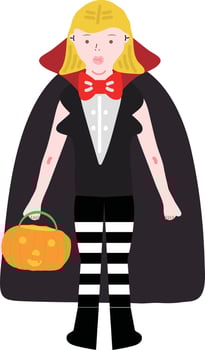 Halloween holiday cartoon character. Cute kids in costumes of witch, mummy, pirate, skeleton and black cat. Ghosts and ghost pumpkins. Vector hand drawing