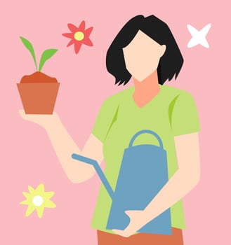 illustration of short hair teenage girl holding plant and watering can. equipped with flower icon. concept of greening, planting, plants, oxygen etc. flat vector