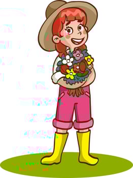 cute farmer girl picked flowers vector