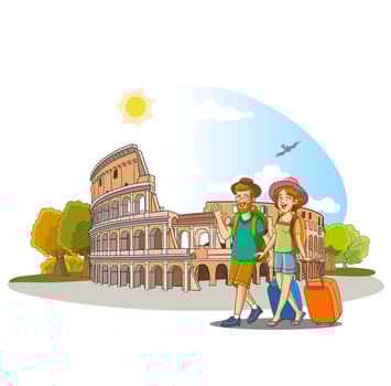 cute family going on vacation to italy and background coliseium vector illustration