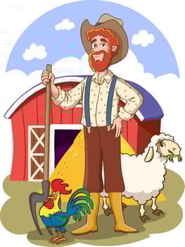 cartoon vector illustration of a cute farmer standing in front of his farmhouse.