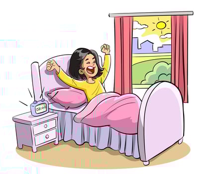 The cute girl wakes up. Vector cartoon illustration. Isolated on white.happy cute little kid girl wake up