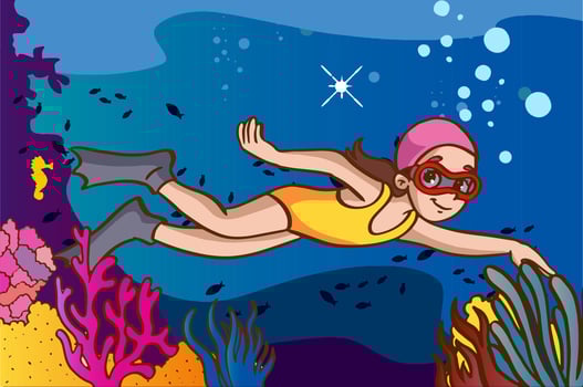 Cute little girl diver cartoon vector illustration