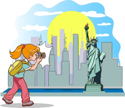 photographer girl takes photo of america statue of liberty tower vector