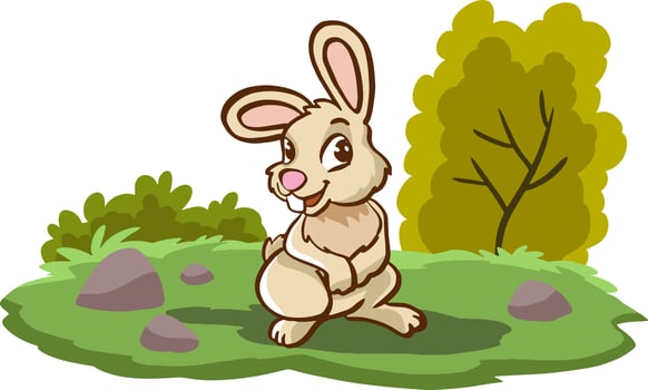 Cute little rabbit. Animal on glade in nature. Bunny sitting on background of blue sky and green grass. Design element for wallpaper, childrens clothes and toys. Cartoon flat vector illustration.