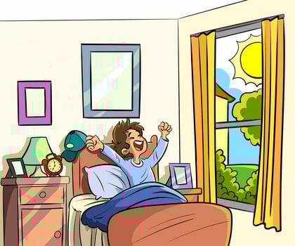A Little boy sleeping on tonight dreams and he wake up in the morning.Vector illustration, kid waking up in the morning, cartoon concept. vector