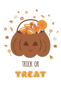 Trick or treat bag with Halloween sweets, candies. Cute pumpkin bag for Halloween party. Cartoon boho Halloween vector illustration.Tasty sweets jack lantern bucket, evil pumpkins container