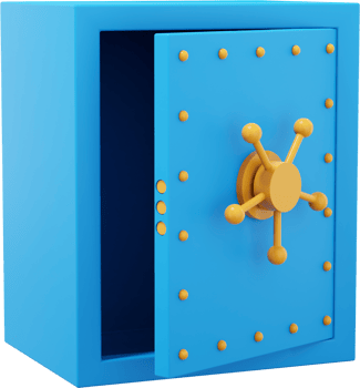 Retro safe with wheel handles. Blue open storage. PNG icon on transparent background. 3D rendering.