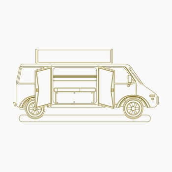 Editable Side View Two Doors Mobile Food Truck Vector Illustration With Sign Board in Outline Style for Artwork Element of Vehicle or Food and Drink Business Related Design