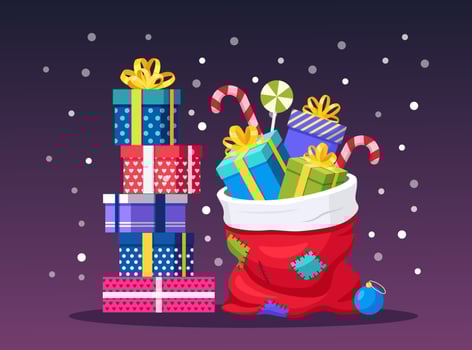 Santa Claus bag with stack, pile of wrapping gift box. Christmas sack full of presents package, sweets. Xmas sale, happy new year concept vector