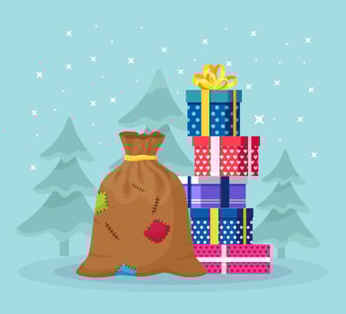 Santa Claus bag with stack, pile of wrapping gift box. Christmas sack full of presents, sweets. Xmas sale, happy new year concept vector