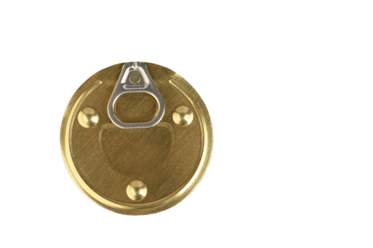 Round canner lid with gold-coloured can opener. Transparent background. PNG. png