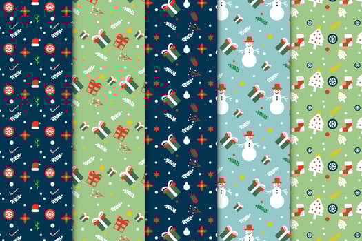 Christmas abstract pattern collection with gifts and leaves. Seamless pattern set design with Christmas elements vector. Abstract Christmas pattern bundle with green and dark backgrounds. vector