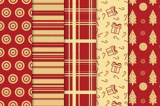 Vintage Christmas pattern collection with golden and red backgrounds. Retro style Christmas pattern bundle with pine tree and gift icons. Xmas seamless pattern set design with golden stripes. vector