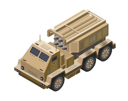 Multiple launch rocket systems army vehicles army missiles defense camouflage. Isometric 3d vector illustration.