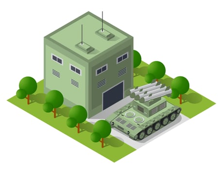 Module base camp object element for building design army armed troop isometric armed military transport objects. War equipment force graphic elements tank machine 3D illustration vector