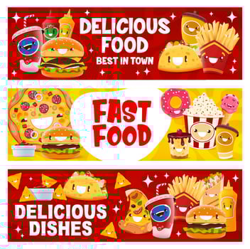 Cartoon takeaway fast food characters banners vector