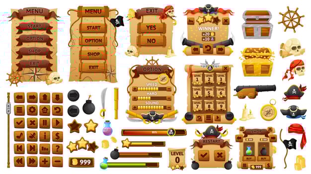 Pirates and corsairs game interface, ui buttons vector