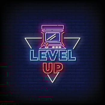 Neon Sign level up with Brick Wall Background vector