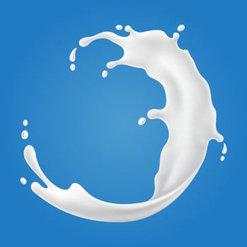 Vector illustrations of milk splash and pouring, realistic natural dairy products, yogurt or cream, isolated on blue background.