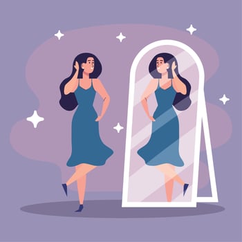 beautiful sexy girl looking in the mirror with blue dress vector