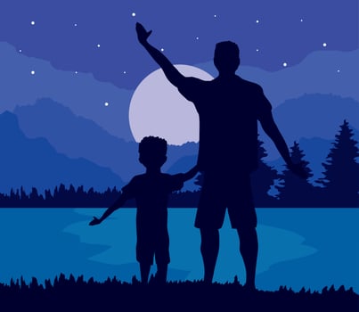 father and son at night vector