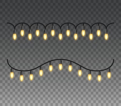 Christmas lights isolated realistic design elements. Glowing lights for christmas Holiday greeting card design. Garlands, Christmas decorations vector