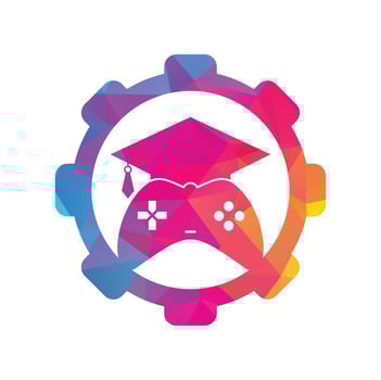 Game education gear shape concept vector logo design. Game console with graduation cap icon design.