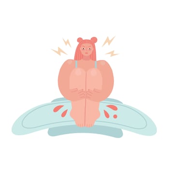 Woman struggle from strong abdominal and stomachache pain during periods sitting on huge pad. Hand drawn menstruation concept, premenstrual syndrome. Girl having heavy period. Flat vector illustration