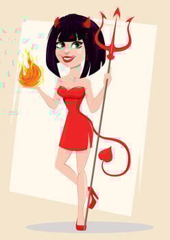 Devil girl for Halloween. Sexy she-devil with trident in one hand and flame in another. vector