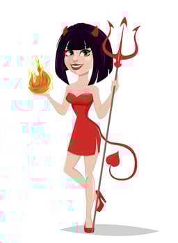 Devil girl for Halloween. Sexy she-devil with trident in one hand and flame in another. vector